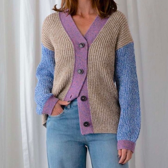 Closed Sweaters - Closed Color-Block Rib Knit V-Neck Cardigan - Size XS